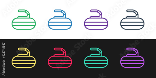 Set line Stone for curling sport game icon isolated on black and white background. Sport equipment. Vector