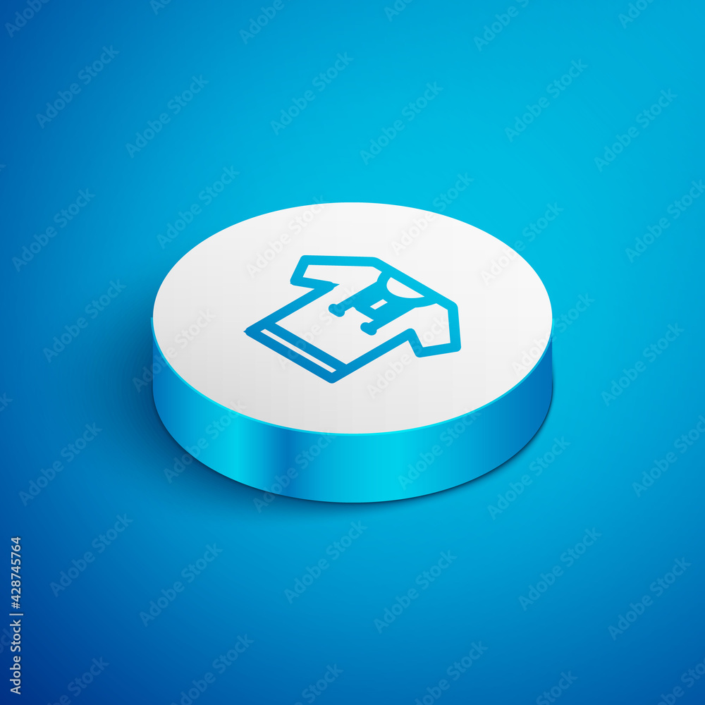 Isometric line Embroidered shirt icon isolated on blue background. National ukrainian clothing. White circle button. Vector Isometric line Embroidered shirt icon isolated on blue background. National ukrainian clothing. White circle button. Vector