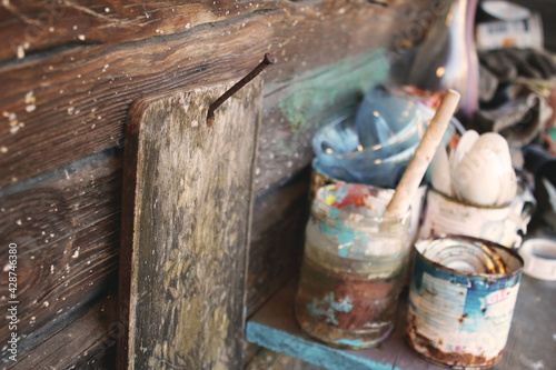 Wallpaper Mural Old wooden desk and tools for coloring in the farm. Agriculture. Rural lifestyle. Outdoor life in the village. Torontodigital.ca