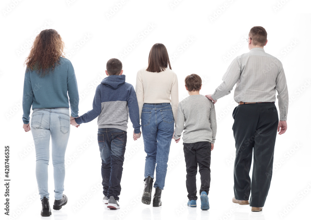 happy family in casual clothes walking forward. happy family in casual clothes walking forward.