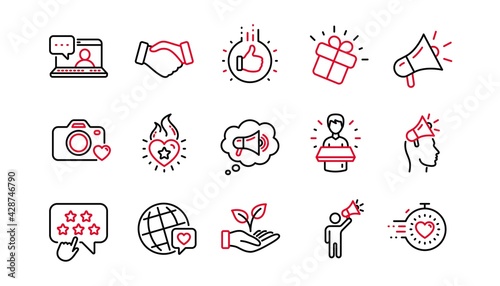 Brand ambassador line icons. Influence people, Megaphone and Representative. Handshake, influencer marketing person, ambassador person icons. Linear set. Linear set. Quality line set. Vector