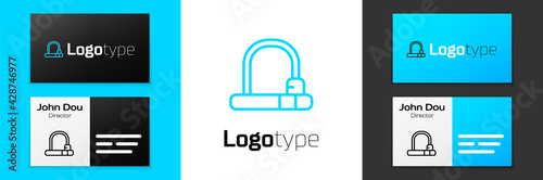 Blue line Bicycle lock U shaped industrial icon isolated on white background. Logo design template element. Vector