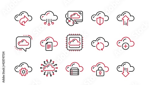 Cloud data and technology icons. Hosting, Computing data and File storage. Computer sync linear icon set. Linear set. Quality line set. Vector