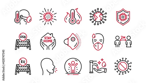 Coronavirus line icons set. Covid-19 virus pandemic. Medical protective mask, washing hands hygiene, eu shut borders. Stay home, safe distance, coronavirus epidemic mask icons. Vector