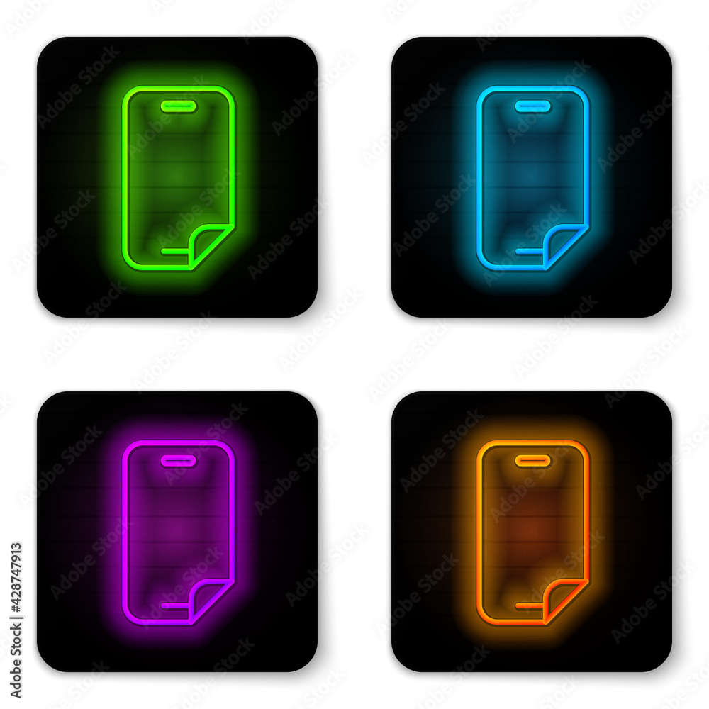 Glowing neon line Glass screen protector for smartphone icon isolated on white background. Protective film for glass. Transparent soft glass for mobile phone. Black square button. Vector Glowing neon line Glass screen protector for smartphone icon isolated on white background. Protective film for glass. Transparent soft glass for mobile phone. Black square button. Vector