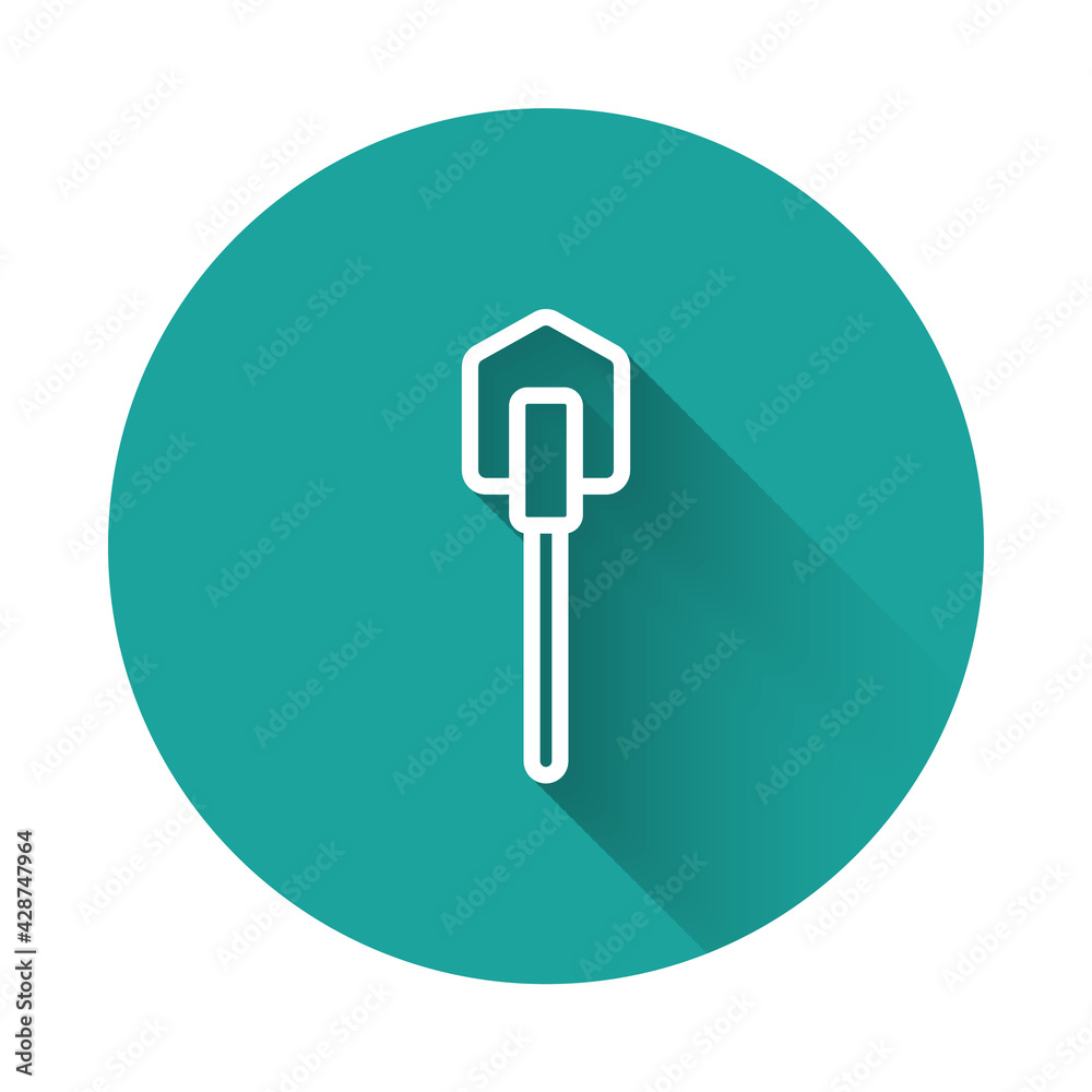 White line Shovel icon isolated with long shadow background. Gardening tool. Tool for horticulture, agriculture, farming. Green circle button. Vector White line Shovel icon isolated with long shadow background. Gardening tool. Tool for horticulture, agriculture, farming. Green circle button. Vector