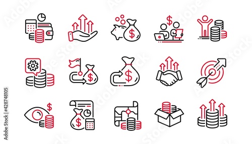Finance line icons. Accounting coins, Budget Investment, Trade Strategy icons. Finance management, Budget gain and Business asset. Money economy, Loan in dollars and Treasure map. Linear set. Vector