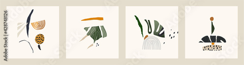 Modern abstract collage with plants. Contemporary wall decor. Collection of creative artistic posters. 