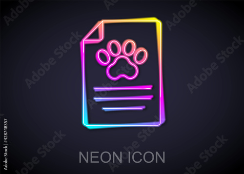 Glowing neon line Clipboard with medical clinical record pet icon isolated on black background. Health insurance form. Medical check marks report. Vector