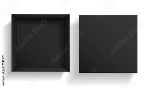 Black Box. Open and closed gift presentation boxes top view. Empty cardboard 3d packaging. Geometric square surprise container, mockup for presents and goods storage vector illustration