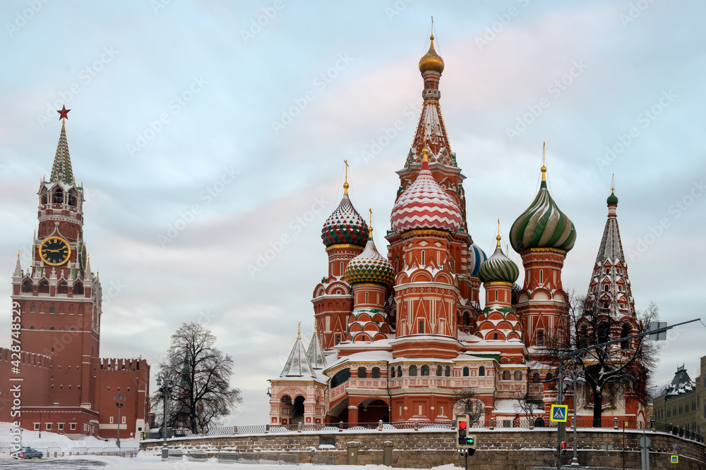 Moscow, Russia, Red Square, view of St. Basil's Cathedral on a frosty winter early morning