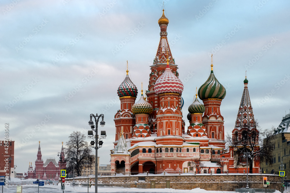 Moscow, Russia, Red Square, view of St. Basil's Cathedral on a frosty winter early morning Moscow, Russia, Red Square, view of St. Basil's Cathedral on a frosty winter early morning
