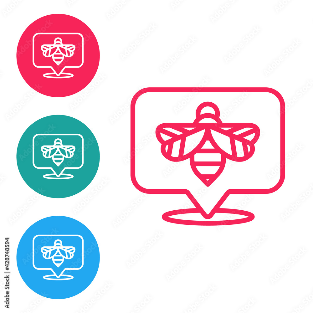 Red line Bee icon isolated on white background. Sweet natural food. Honeybee or apis with wings symbol. Flying insect. Set icons in circle buttons. Vector Red line Bee icon isolated on white background. Sweet natural food. Honeybee or apis with wings symbol. Flying insect. Set icons in circle buttons. Vector
