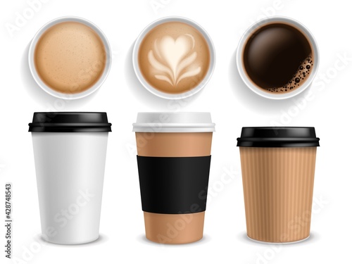 Coffee cup. Takeaway paper cups side and top view espresso and latte or cappuccino, morning drink in cafe, hot beverage in white and brown package mockup vector isolated realistic set