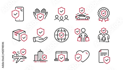 Insurance line icons set. Health care, risk, help service. Car accident, travel insurance, flight protection icons. Safety document, delivery risk. Car full coverage. Linear set. Vector