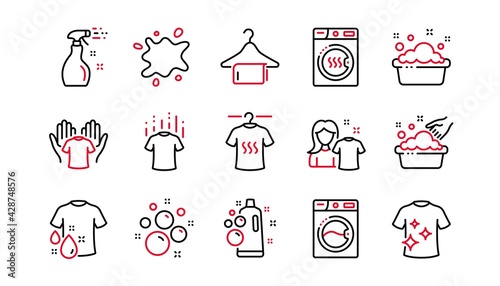 Laundry line icons. Dryer, Washing machine and dirt shirt. Laundromat, hand washing, laundry service icons. Linear set. Linear set. Quality line set. Vector