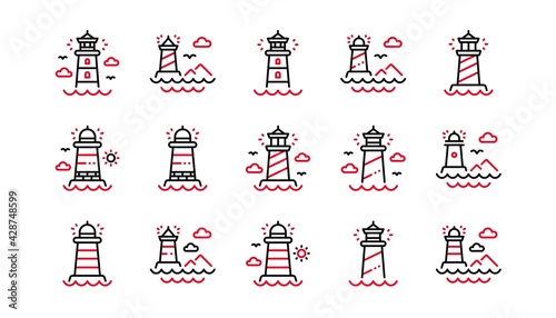 Lighthouse line icons. Searchlight tower with seagull for marine navigation of ships. Sea pharos, lighthouse or beacon icons. Linear set. Linear set. Quality line set. Vector