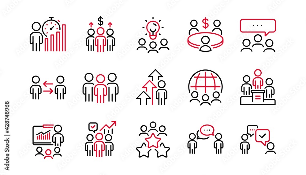 Obraz premium Meeting line icons set. Conference, seminar discussion, classroom. Team, work and business idea icons. Classroom job, people management. Presentation, office meeting, consultation. Linear set. Vector