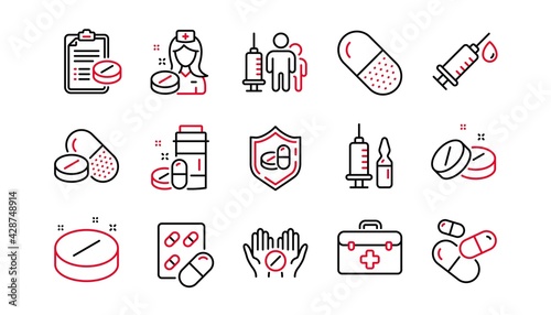 Medical drugs line icons. Healthcare, Prescription and Pill signs. Pharmacy drugs, recipe pill icons. Antibiotic capsule, syringe vaccination. Linear set. Linear set. Quality line set. Vector