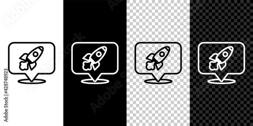 Set line Rocket ship icon isolated on black and white, transparent background. Space travel. Vector