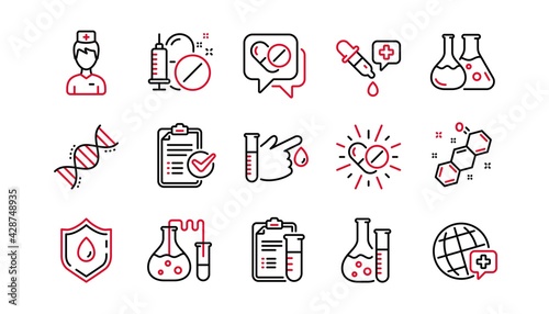 Medical healthcare, doctor line icons. Drug testing, scientific discovery and disease prevention icons. Chemical formula, chemistry testing lab. Linear set. Linear set. Quality line set. Vector