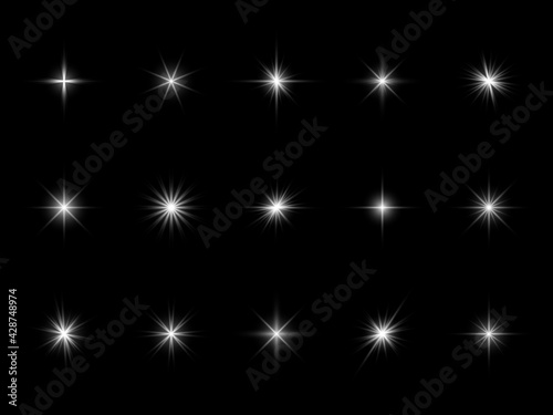 White starburst sparks. Effect light different forms, bright optical flare with rays, glowing dust particles. Christmas or birthday shimmer festive decor vector realistic isolated set