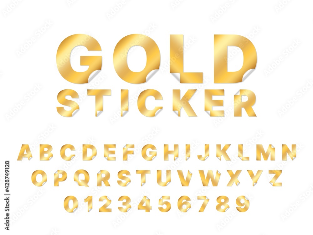 Sticker gold font. Paper golden alphabet curl corners, peel off elements, metal folding foil trendy latin letters and numbers, unstuck steel capitals. Typeface vector isolated set