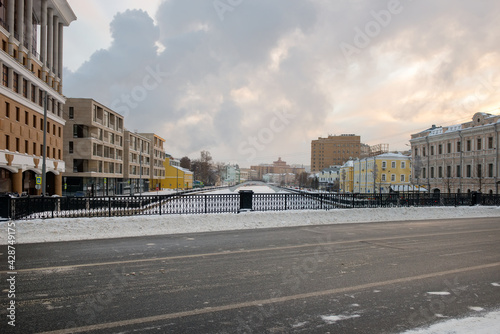 View of the Pig-iron Bridge drainage channel in Moscow on a frosty winter morning