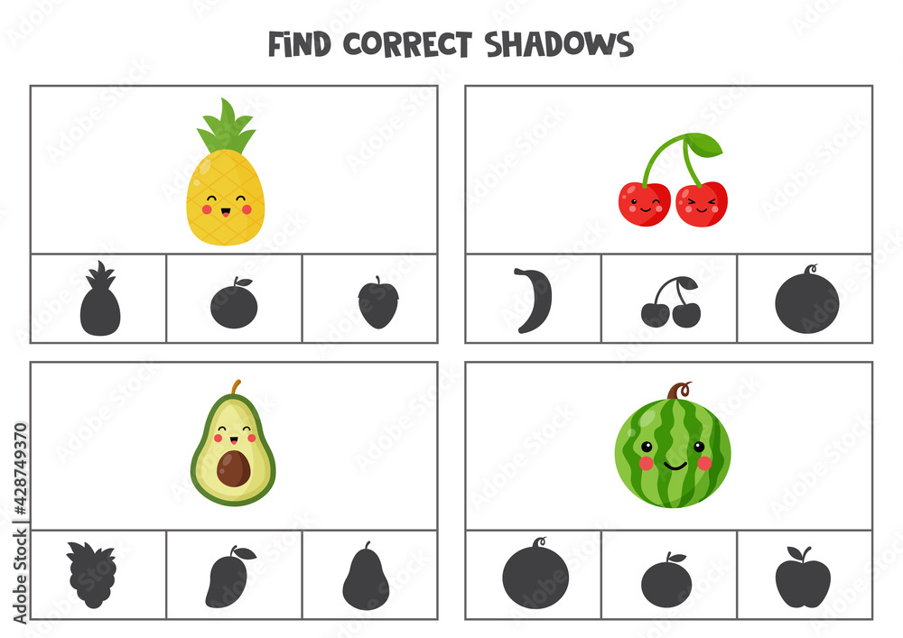Vecteur Stock Find correct shadow of fruits. Printable clip card games for  children. | Adobe Stock