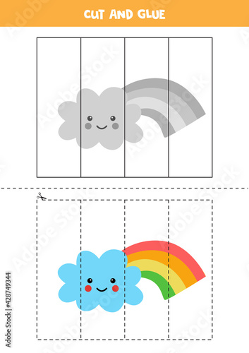 Cut and glue game for kids. Cute rainbow cloud.