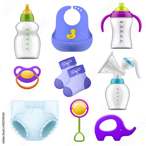 Baby care accessories. Realistic childish isolated items, nutritional and hygiene products, milk bottles and rattles, rubber pacifier and diaper, manual breast pump and socks vector set
