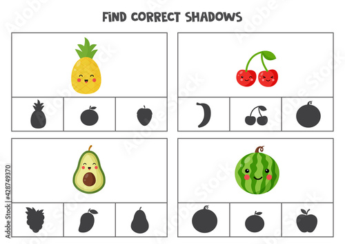 Find correct shadow of fruits. Printable clip card games for children.