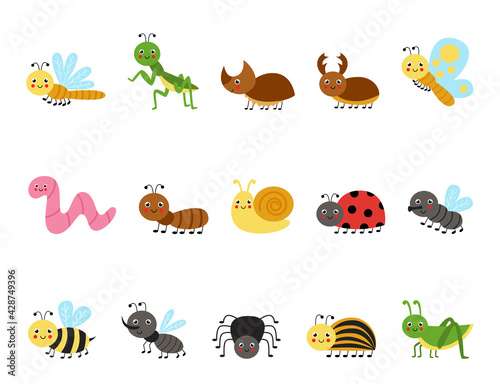 Set of cute cartoon insects. Vector illustrations.