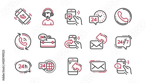 Processing line icons. Call center, Support and Chat message. 24 hour service linear icon set Linear set. Quality line set. Vector