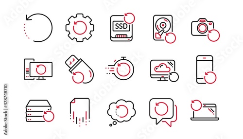 Recovery line icons. Backup, Restore data and recover file. Laptop renew, drive repair and phone recovery icons. Linear set. Linear set. Quality line set. Vector