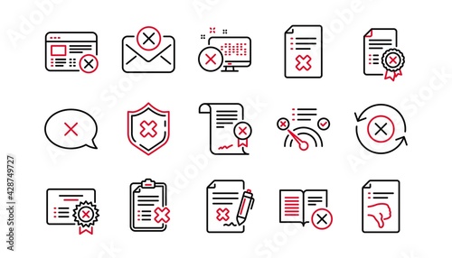 Reject line icons. Decline, Cancel and Dislike. Disapprove linear icon set. Linear set. Quality line set. Vector