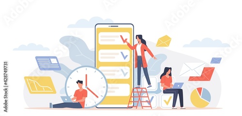 Time management. Office teamwork around big smartphone, to-do list mobile app screen, people with laptop, man and woman activity planning. Teamwork organization process vector concept
