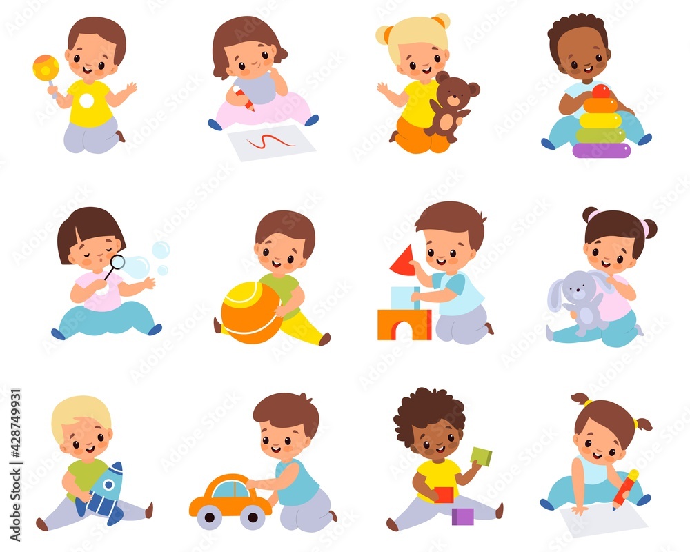 Babies playing with toys. Multiethnic kids hold different items, little boys and girls sitting on floor with car, ball and cubes. Stuffed and educational toy collection vector cartoon set