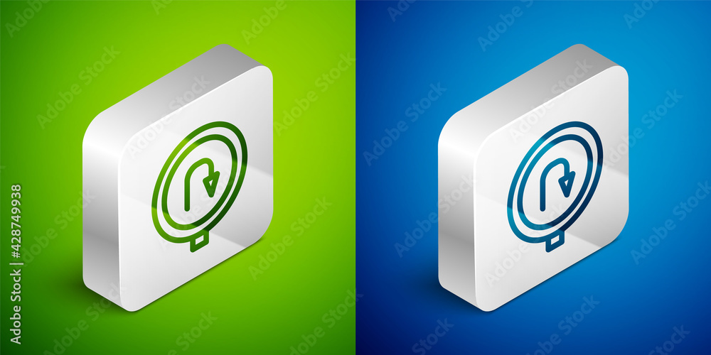 Isometric line Turn back road icon isolated on green and blue background. Traffic rules and safe driving. Silver square button. Vector Isometric line Turn back road icon isolated on green and blue background. Traffic rules and safe driving. Silver square button. Vector