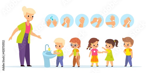 Washing hands teach. Children characters with kindergarten teacher, proper arms wash schemes, kids education, babies queue. Boys and girls daily routine. Vector cartoon isolated concept