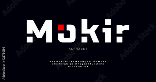 Minimal creative modern alphabet font. Fashion minimalistic font with square inserts. Vector modern digital sans serif font, uppercase and lowercase symbols.