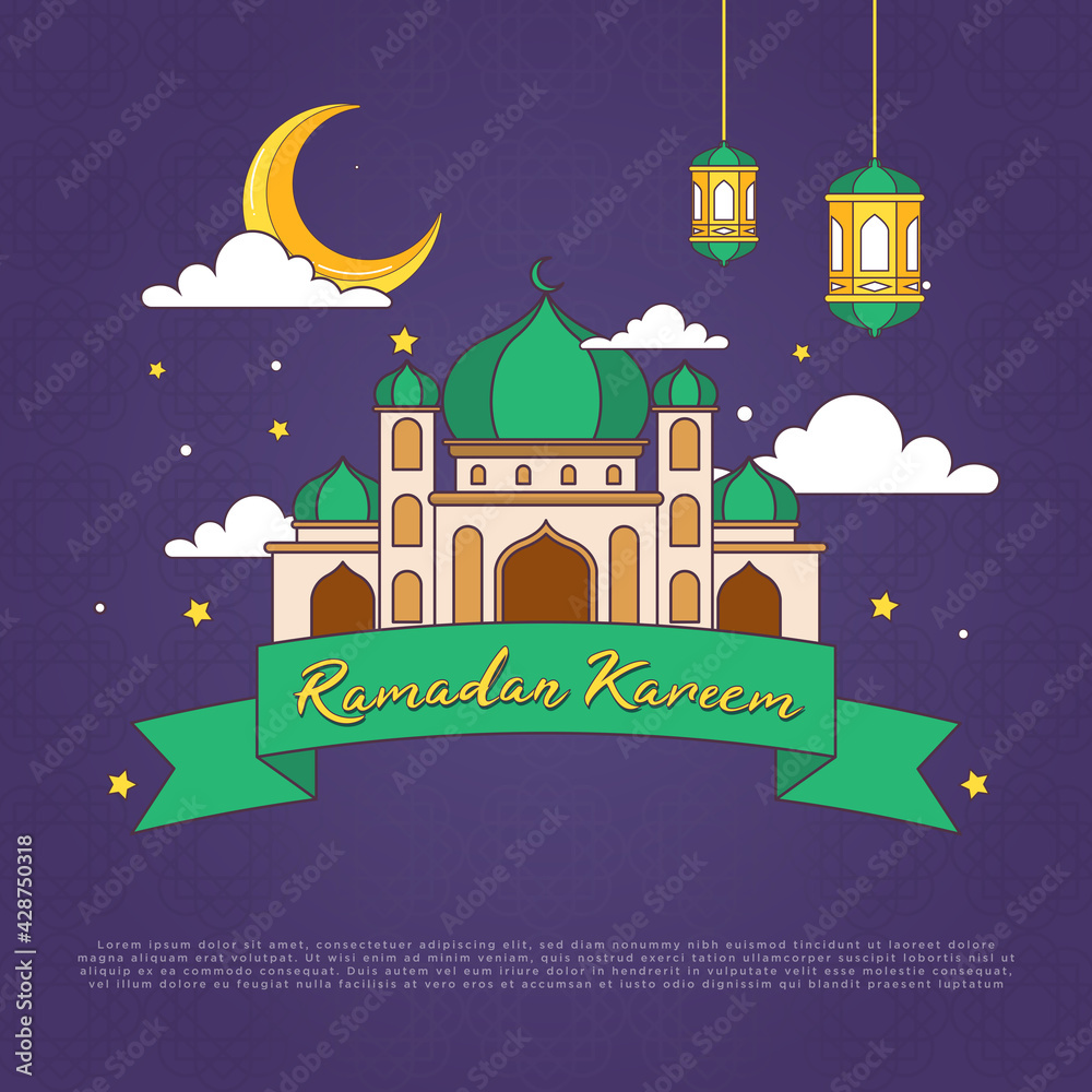 Simple monoline cartoon ramadan kareem ornament with bright color vector illustration. mosque and month drawn line simple. background eid mubarak