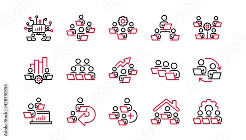 Teamwork line icons. Working at home, Online Team worker, Remote office. Artificial intelligence, Growth chart, Online home job line icons. Remote team work, people study, programmers. Vector