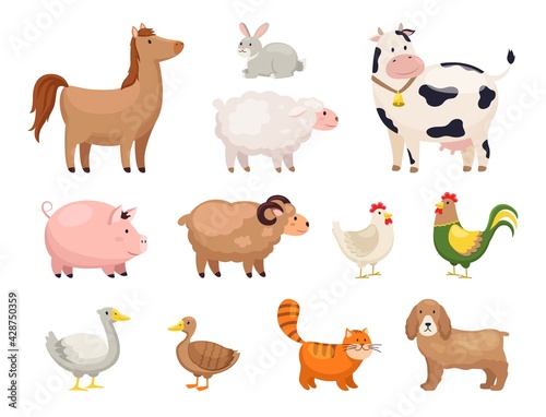 Farm animals. Funny cartoon domestic birds  rural life  cute comic characters  horse and geese  chicken and duck  cow and sheep  goat and rabbit  maintenance livestock vector isolated set