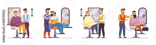 Barbers with men clients. Man in barber shop collection. Hair, mustache and beard care, professional stylist work in salon, hipster beauty industry, guys in mirrors. Vector cartoon set