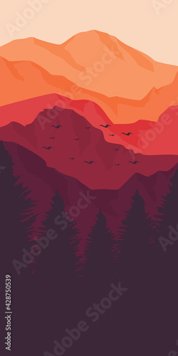 sunset in mountain porttrait vector flat design for background and wallpaper