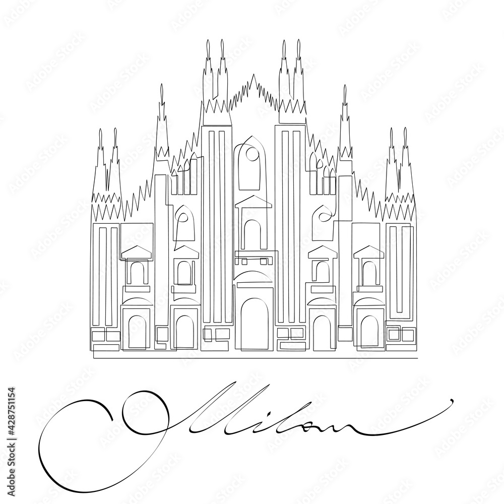 Milan Cathedral - symbol of italian city. Sights of Italy, minimalistic single continuous line drawing, ideal for minimalist postcard, poster or t-shirt design
