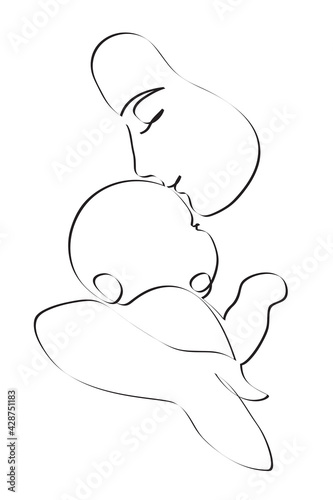 Mother is carying of her newborn baby. Woman embracing little child, abstract portrait drawing with lines, quick sketch, motherhood concept, illustration for t-shirt, print design, covers, web photo