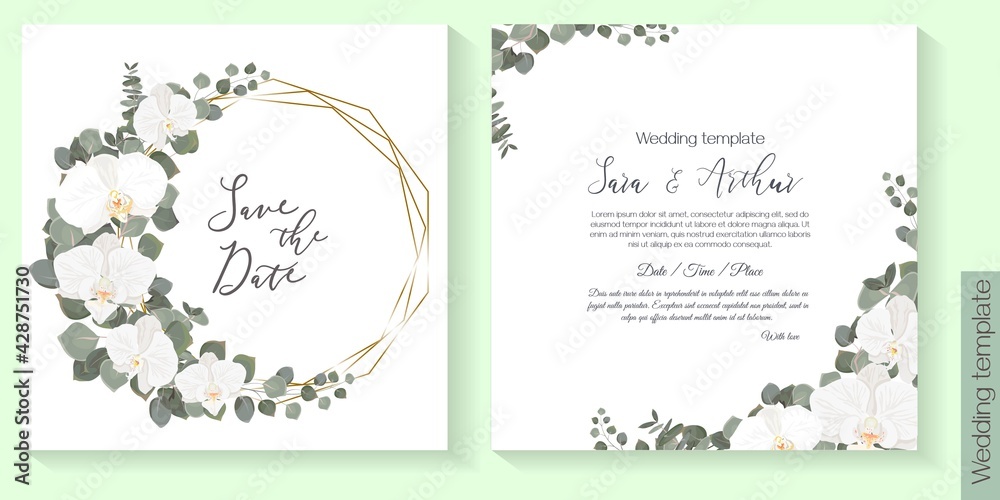 Vector floral template for wedding invitation. White roses, eucalyptus, green plants and leaves. Gold polygonal frame. 