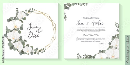 Vector floral template for wedding invitation. White roses, eucalyptus, green plants and leaves. Gold polygonal frame. 